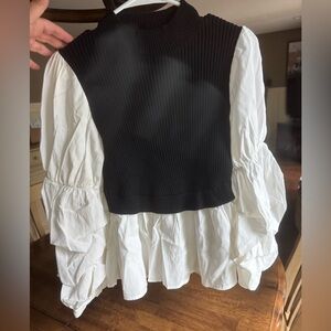 Black and White Ruffled Blouse